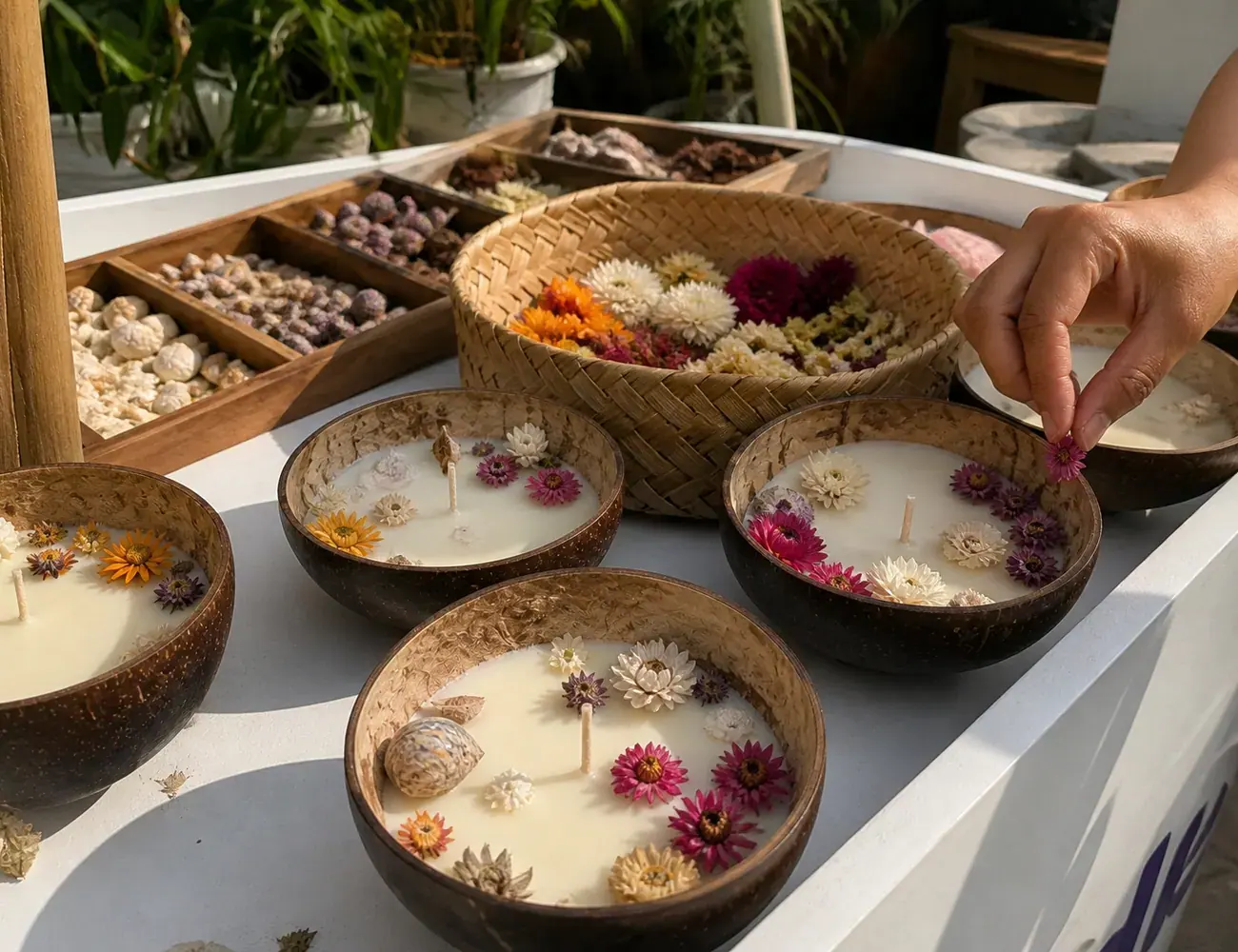 Decorated coconut shell candle with flowers and shells