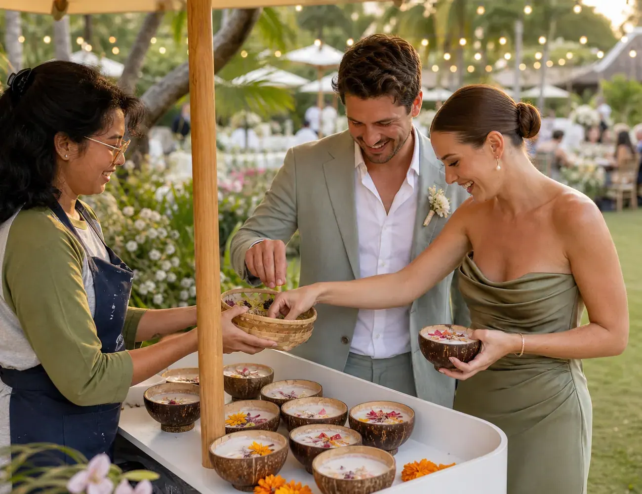Wedding guests joining a Candle Bar booth in Bali