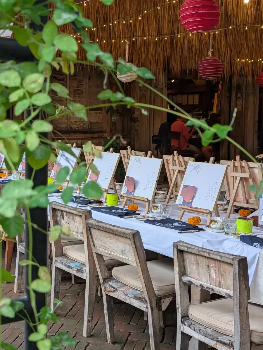 Private Paint and Sip event setup with easels at a Bali venue