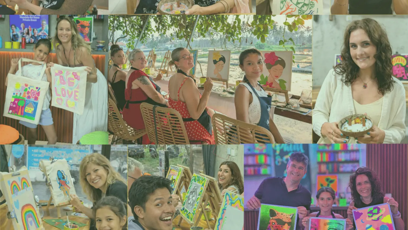 Happy guests holding paintings, candles, tote bags, and handmade art at Paint and Sip Ubud